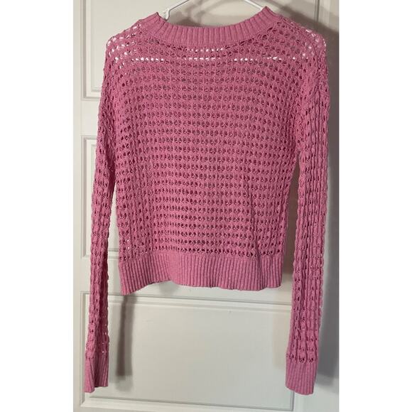 Sugar Moon Pink Open Weave Cropped Long Sleeve Short Crochet Cotton Sweater XS - Picture 3 of 7